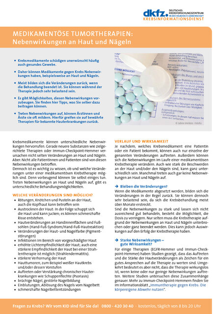 Informationsblatt "Medikamentöse Tumortherapien: Nebenwirkungen an Haut und Nägeln" Vorschau vom Informationsblatt "Medikamentöse Tumortherapien: Nebenwirkungen an Haut und Nägeln"